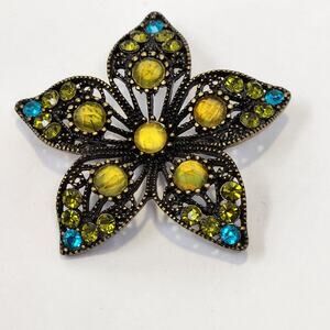 Flower Filigree Antiqued Gold Tone Brooch Pin Blue Green Rhinestone Floral Retro